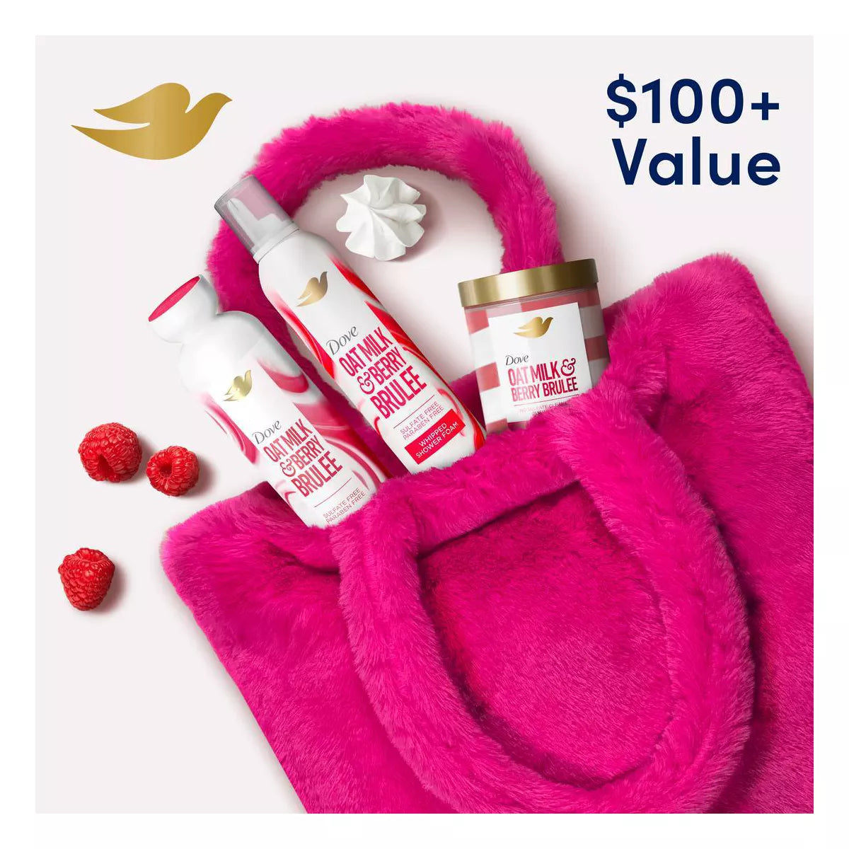 Dove Oat Milk & Berry Brûlée Gift Set with Pink Fluffy Tote